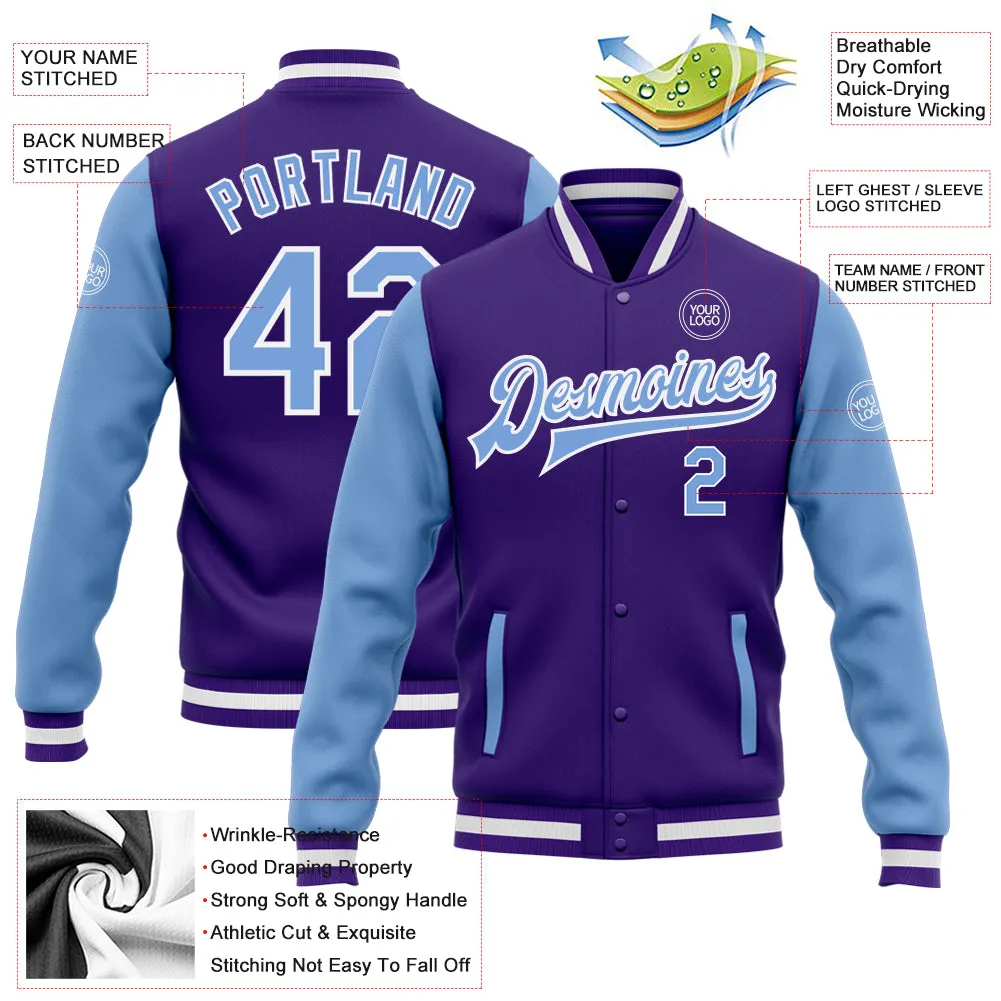 Custom Purple Light Blue-White Bomber Full-Snap Varsity Letterman Two Tone Jacket