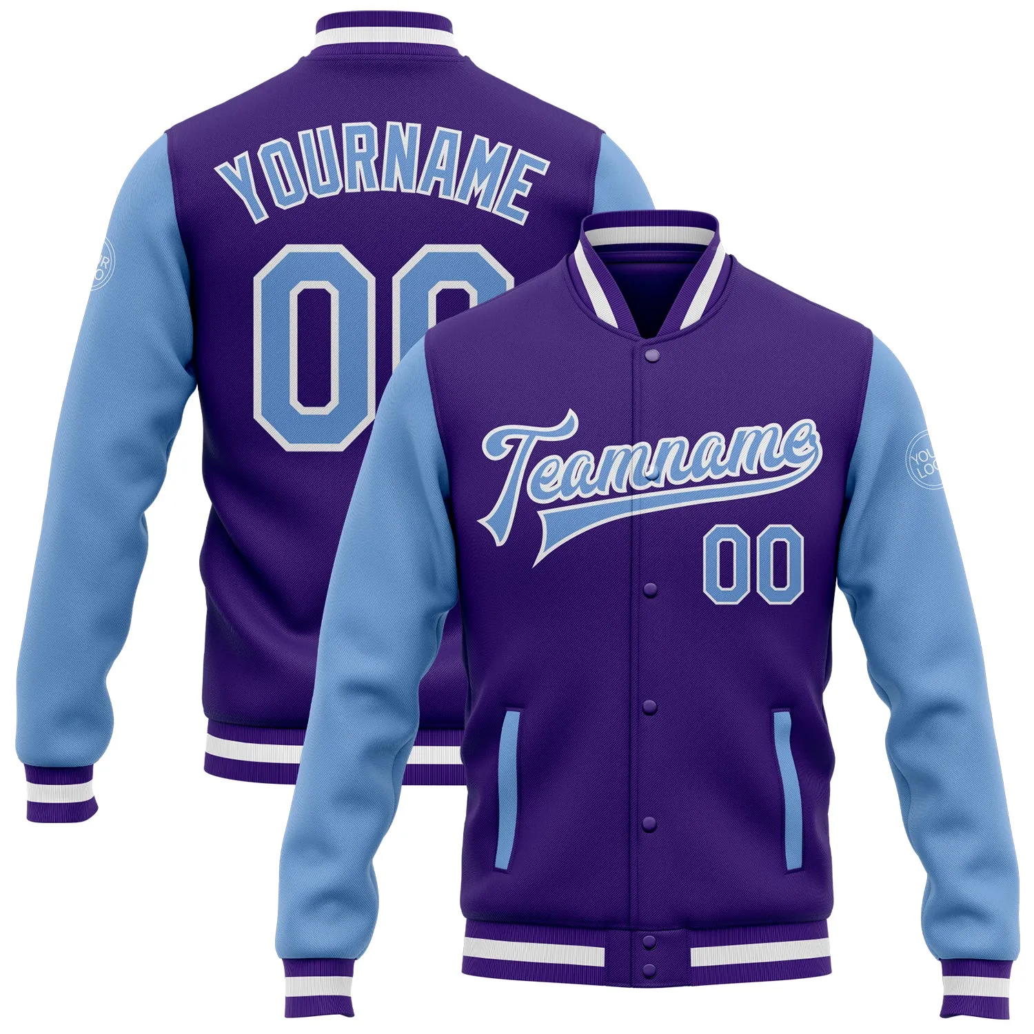 Custom Purple Light Blue-White Bomber Full-Snap Varsity Letterman Two Tone Jacket