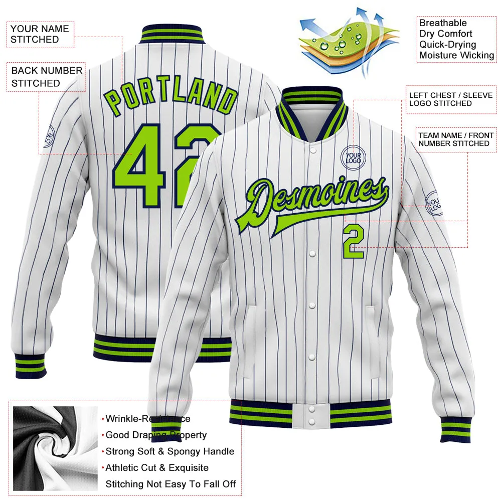 Custom White Navy Pinstripe Neon Green Bomber Full-Snap Varsity Letterman Jacket