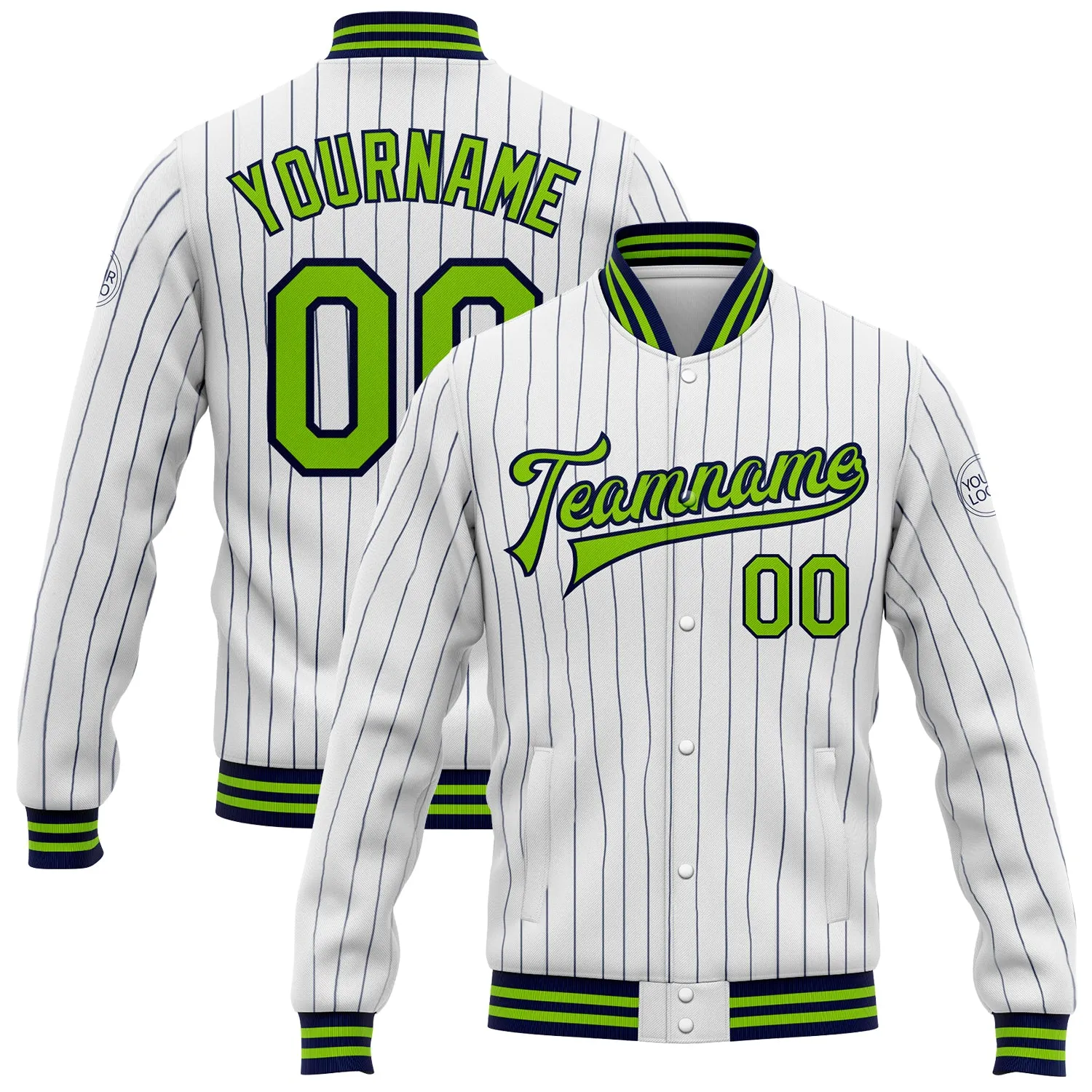 Custom White Navy Pinstripe Neon Green Bomber Full-Snap Varsity Letterman Jacket