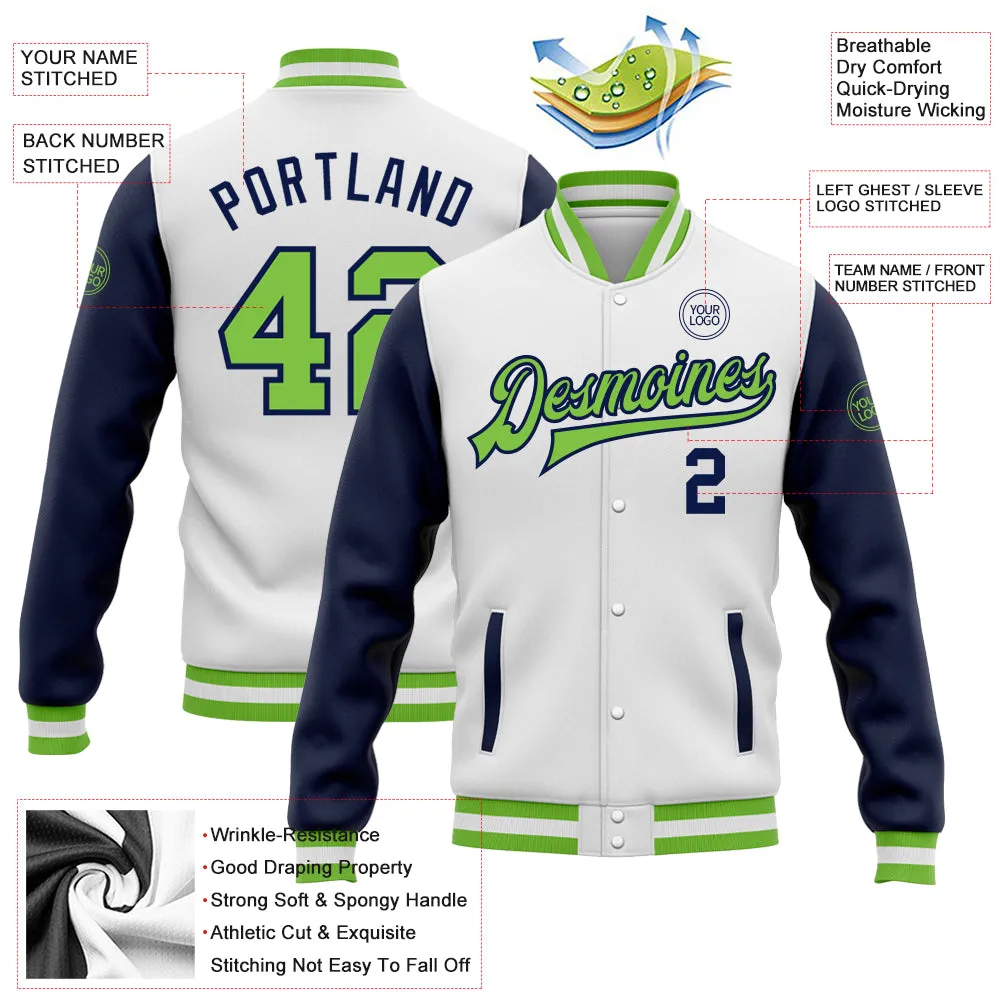 Custom White Neon Green-Navy Bomber Full-Snap Varsity Letterman Two Tone Jacket