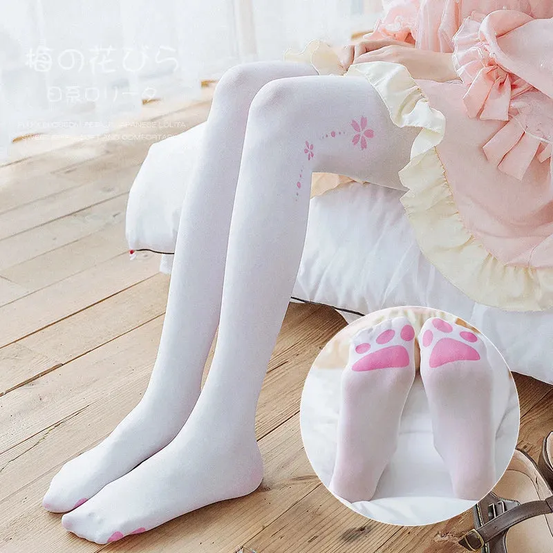 Cute Tights Women Velvet Stocking Cute Cat Footprints White Pantyhose