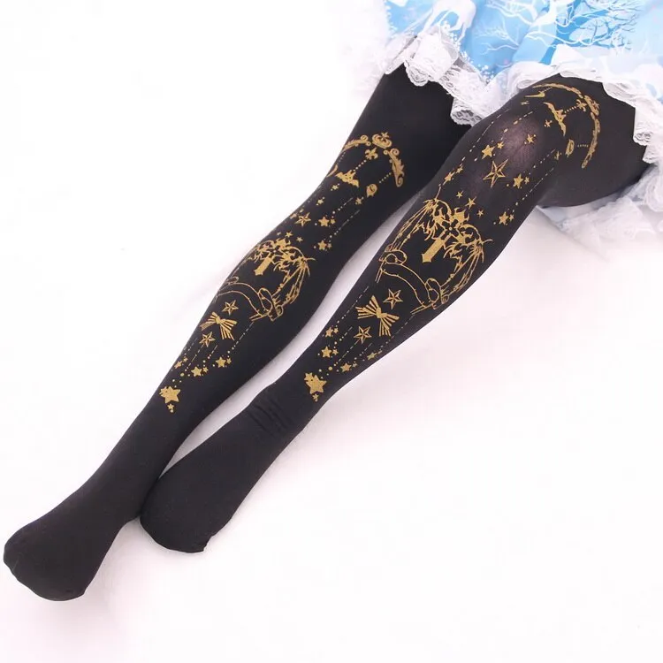 Cute Women's Spring Tights Gold Little Devil and Cross Stamped Pantyhose 3 Colors