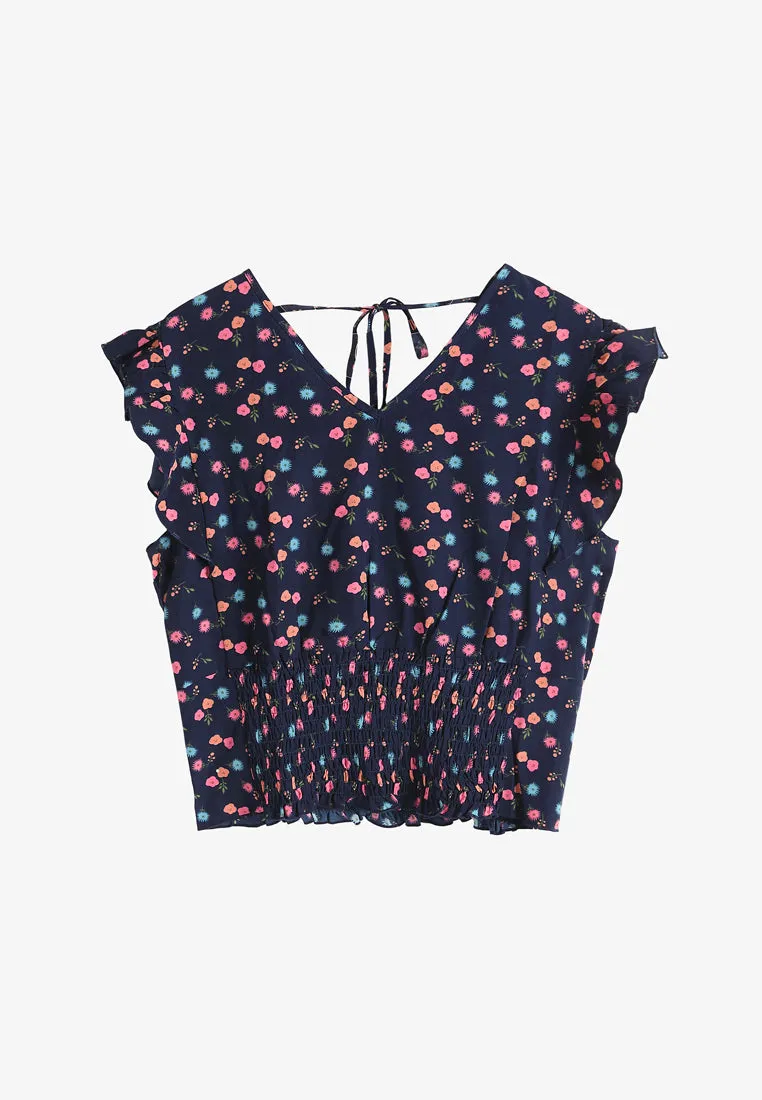 Dearie Two-Way Smocked Crop Top - Dark Blue