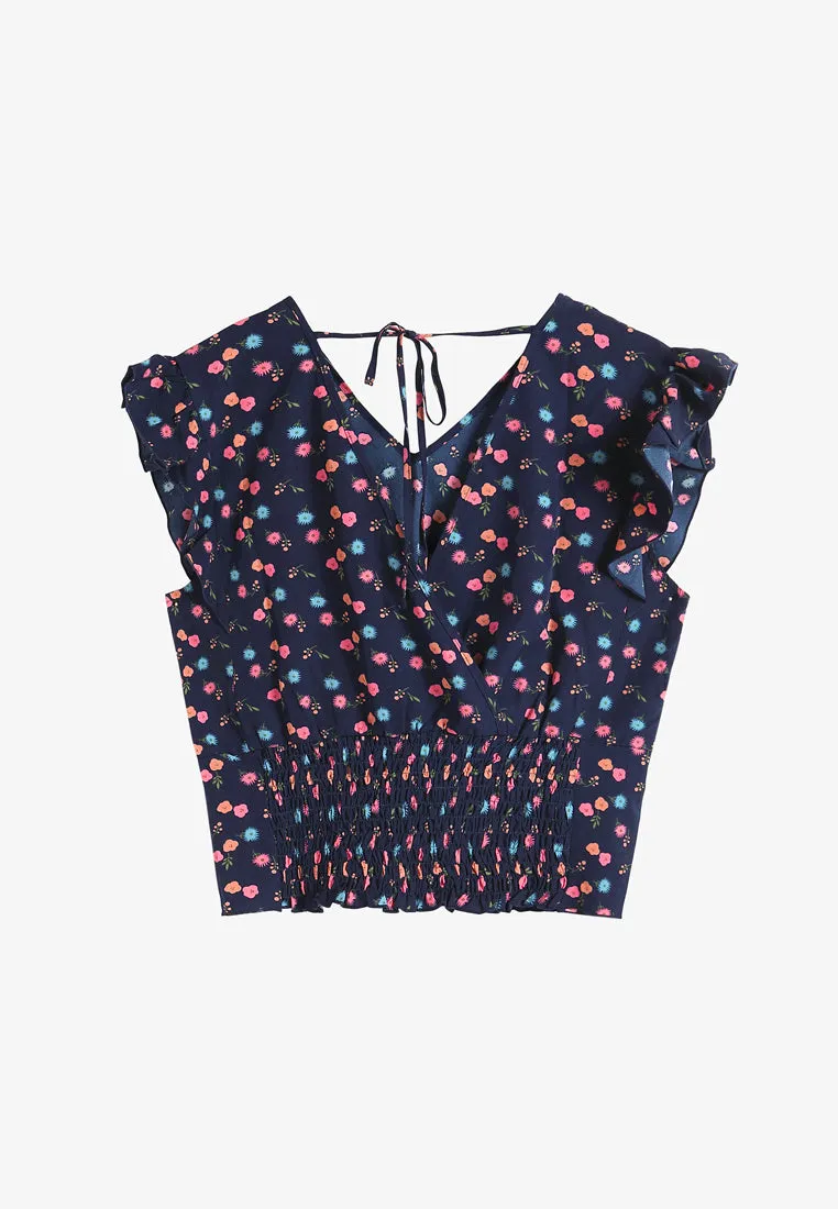 Dearie Two-Way Smocked Crop Top - Dark Blue