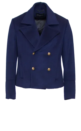 DEEP NAVY FITTED 6X6 BUTTON DOUBLE BREASTED WOOL SHORT PEACOAT W/ GOLD HARDWARE