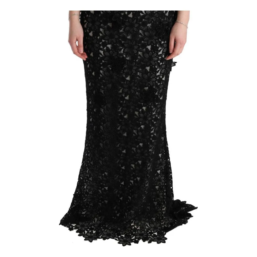 Dolce & Gabbana Elegant Black Maxi Shift Dress with Floral Applique