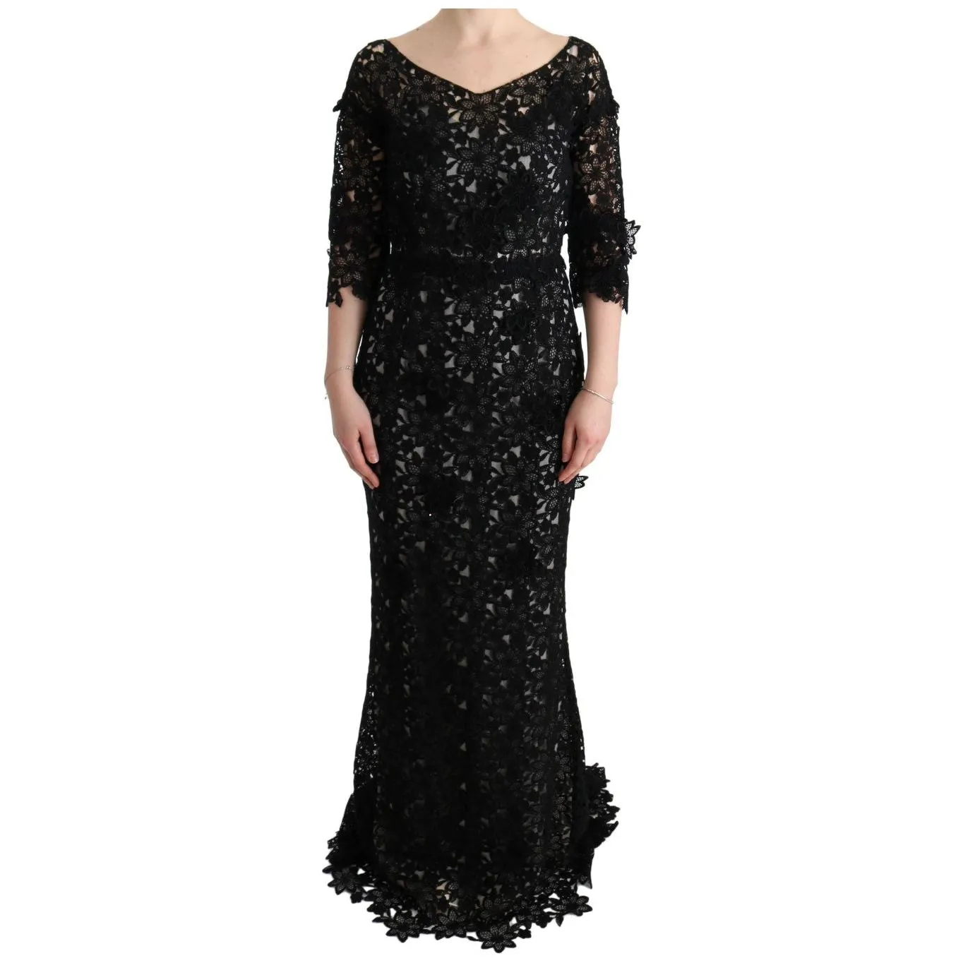 Dolce & Gabbana Elegant Black Maxi Shift Dress with Floral Applique