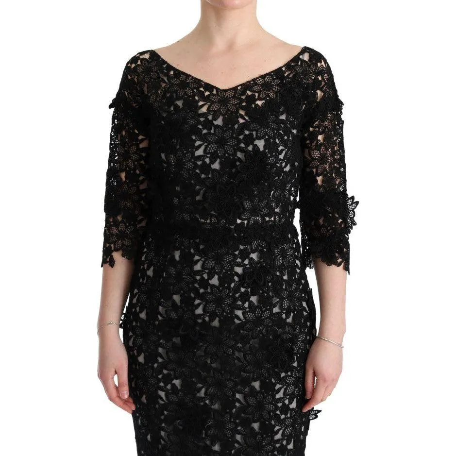 Dolce & Gabbana Elegant Black Maxi Shift Dress with Floral Applique