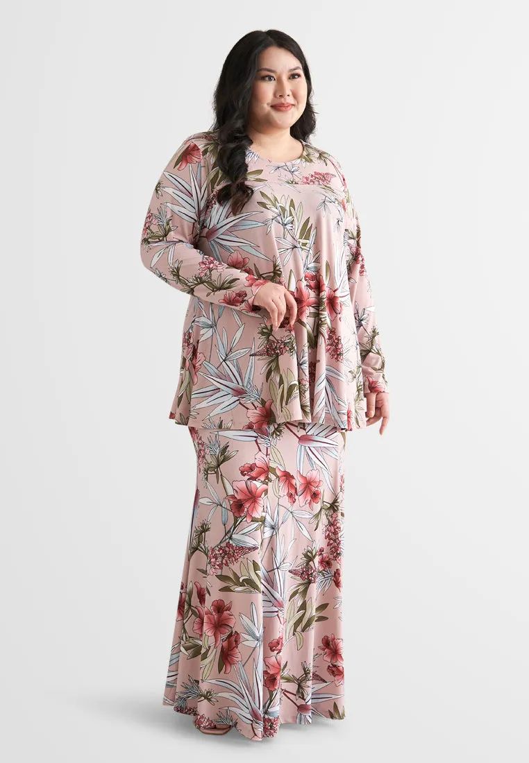 Emalina Full Stretch Flare Floral Kurung Set - Pink