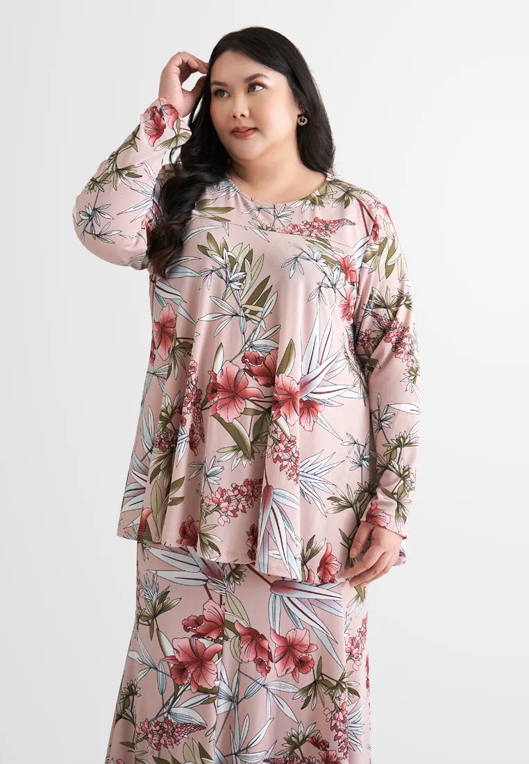 Emalina Full Stretch Flare Floral Kurung Set - Pink