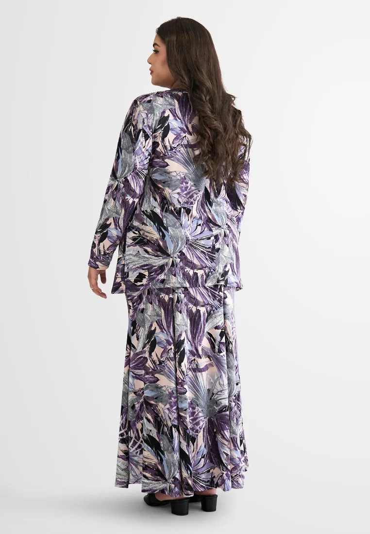 Emalina Full Stretch Flare Floral Kurung Set - Purple