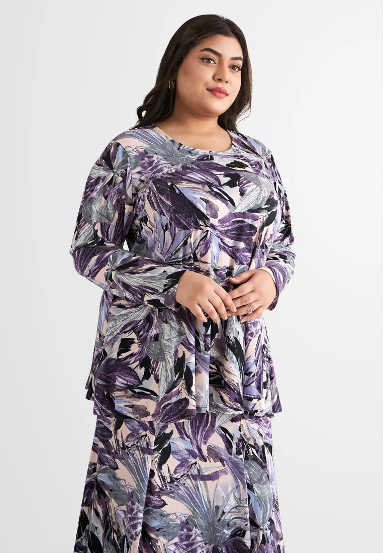 Emalina Full Stretch Flare Floral Kurung Set - Purple