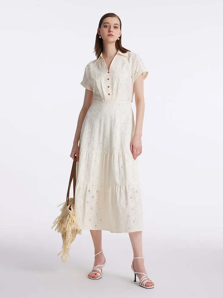 Embroidered V-Neck Lapel Women Maxi Dress