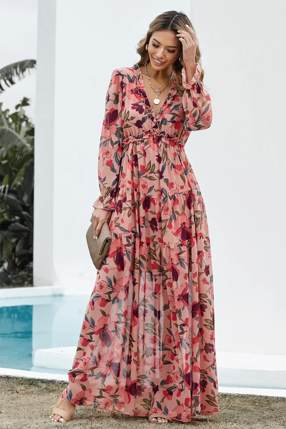 Floral Frill Trim Flounce Sleeves Plunge Maxi Dress