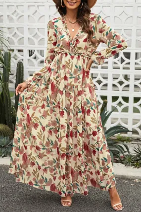 Floral Frill Trim Flounce Sleeves Plunge Maxi Dress