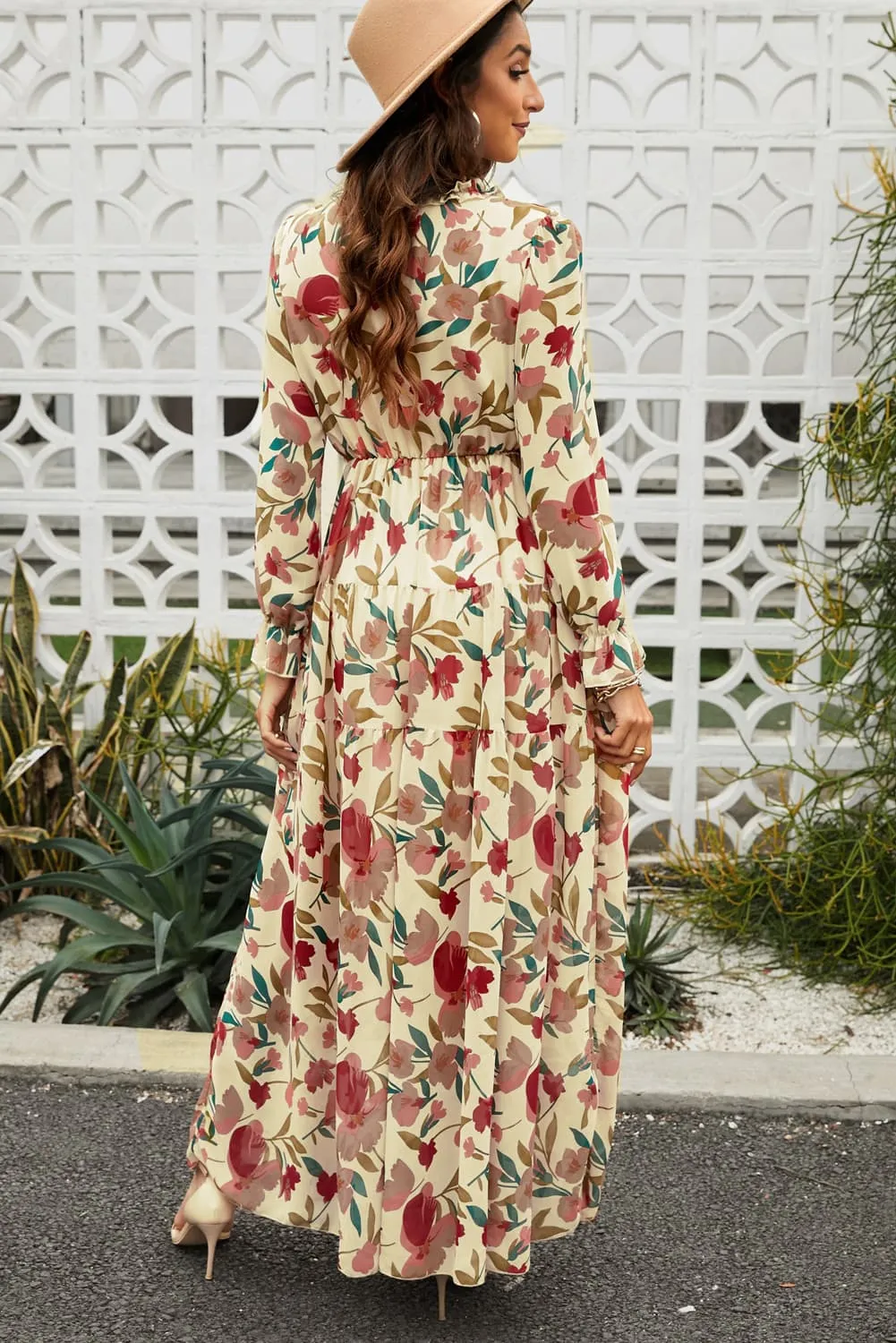 Floral Frill Trim Flounce Sleeves Plunge Maxi Dress