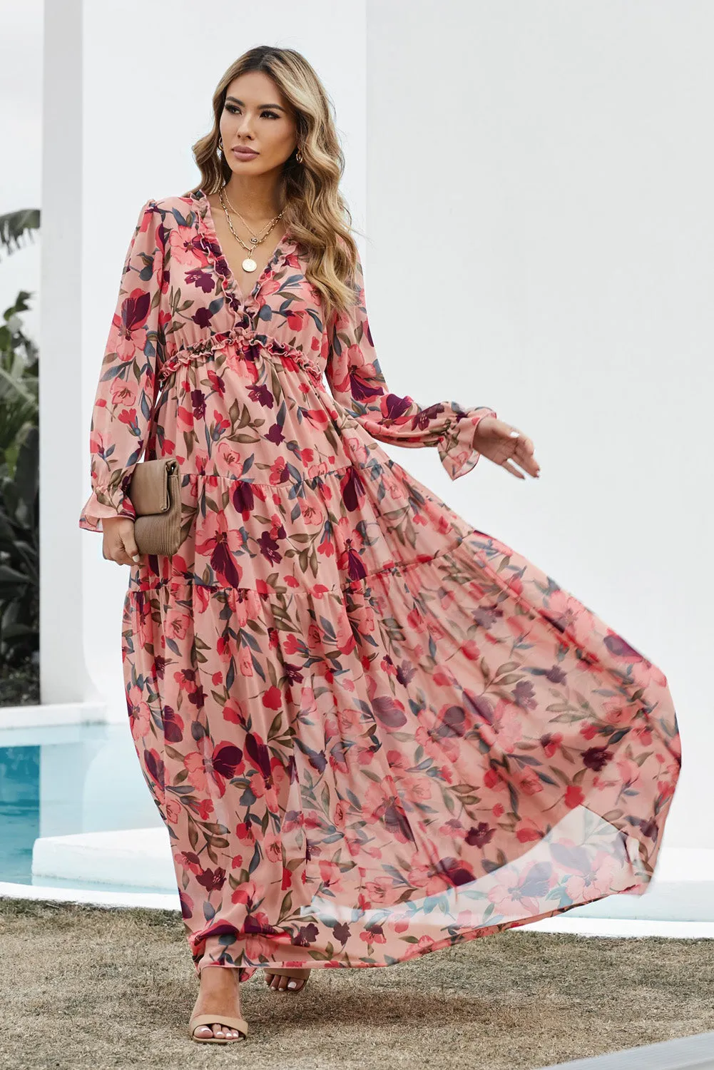 Floral Frill Trim Flounce Sleeves Plunge Maxi Dress