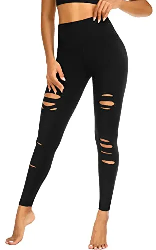 FULLSOFT Womens High Waist Yoga Pants Cutout Ripped Tummy Control Workout Running Yoga Skinny Leggings(Black(Fashion Ripped),Small-Medium)