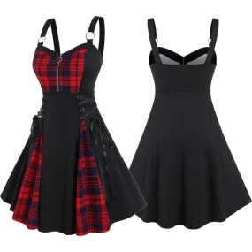 Funki Buys | Dresses | Women's Gothic Lace Up Plaid Dress