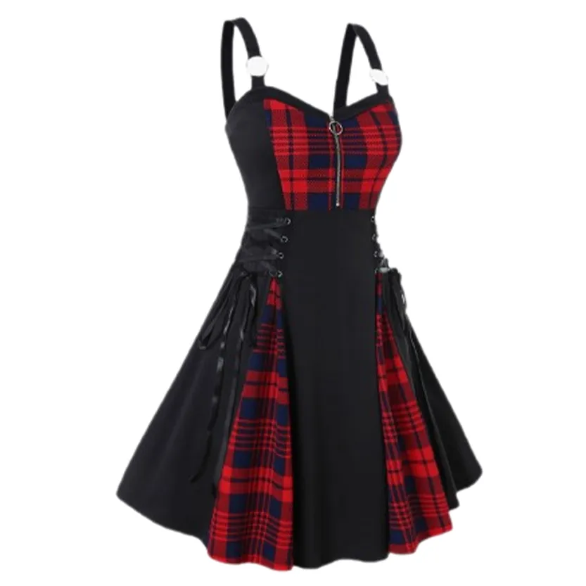 Funki Buys | Dresses | Women's Gothic Lace Up Plaid Dress