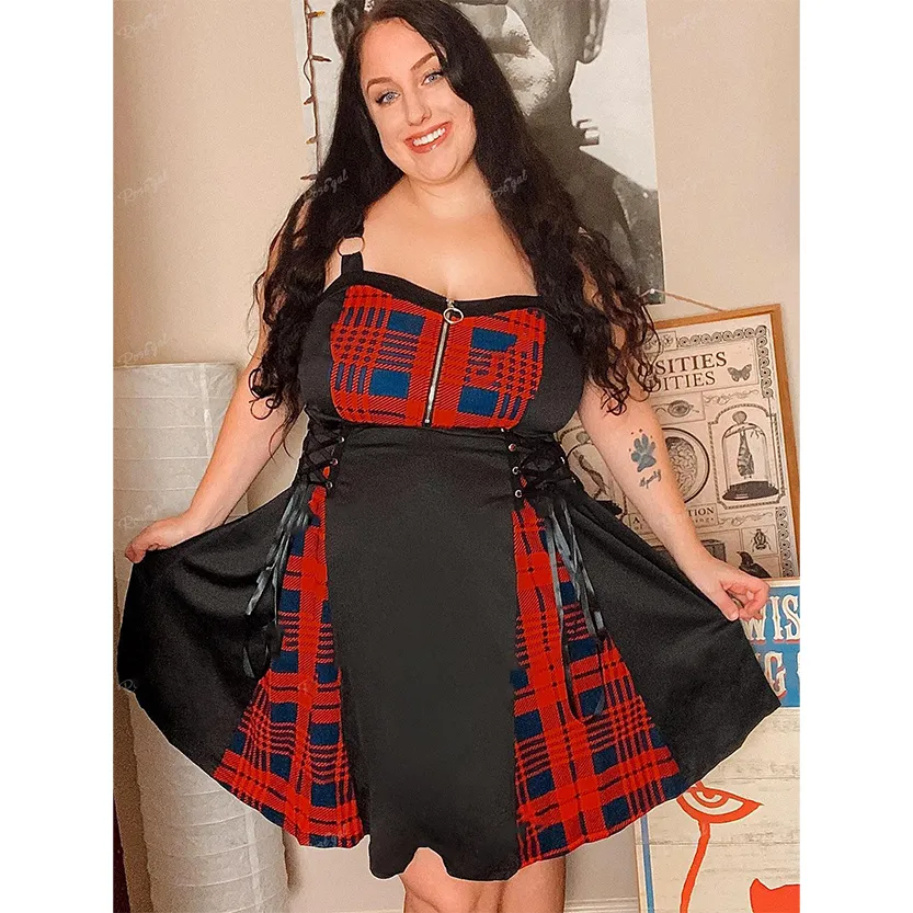 Funki Buys | Dresses | Women's Gothic Lace Up Plaid Dress