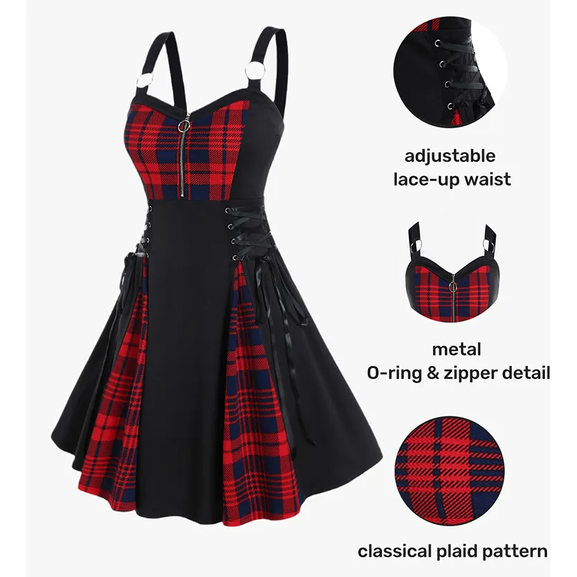 Funki Buys | Dresses | Women's Gothic Lace Up Plaid Dress