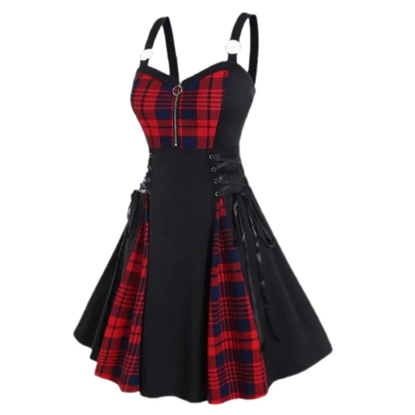 Funki Buys | Dresses | Women's Gothic Lace Up Plaid Dress