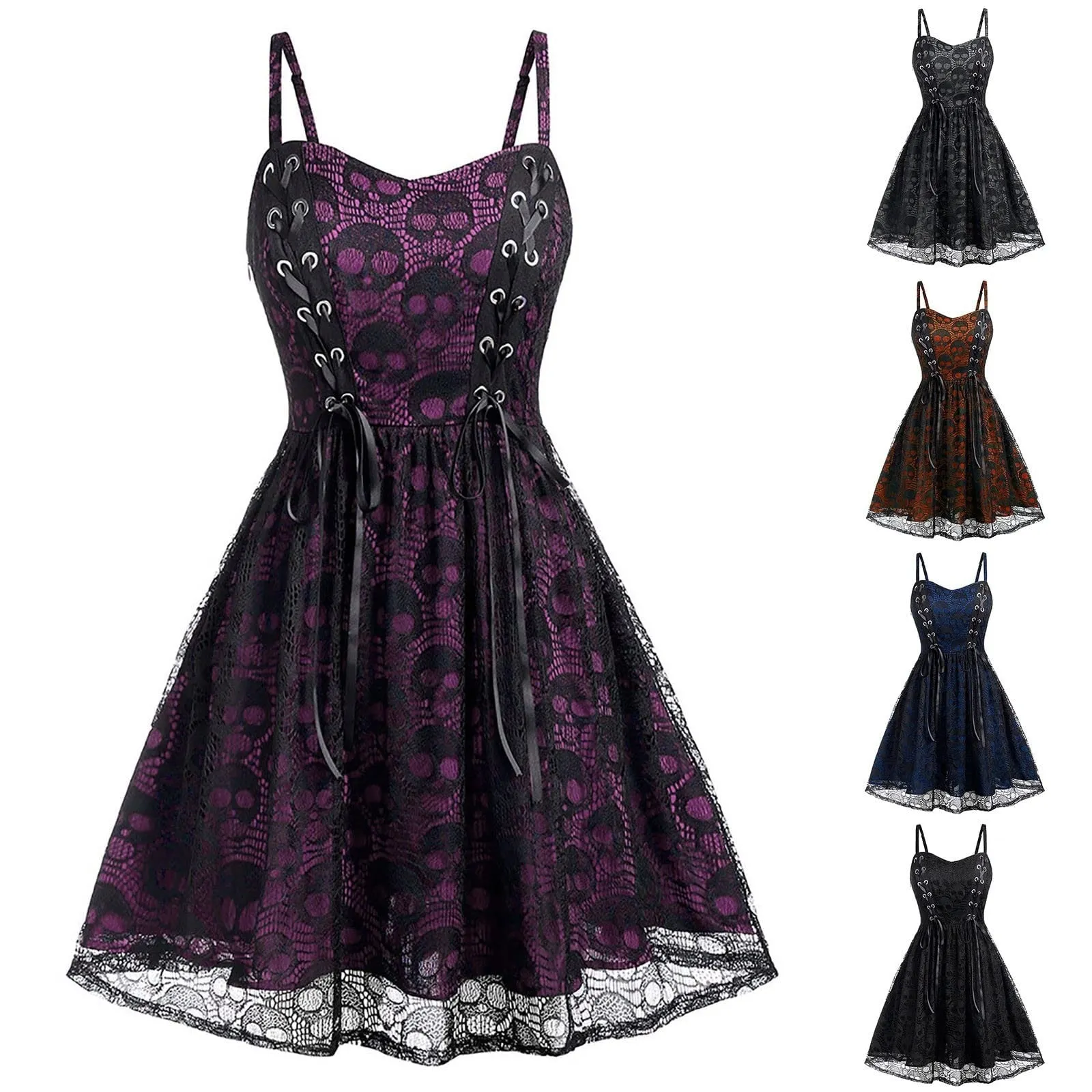 Funki Buys | Dresses | Women's Gothic Skull Lace Mini Dress