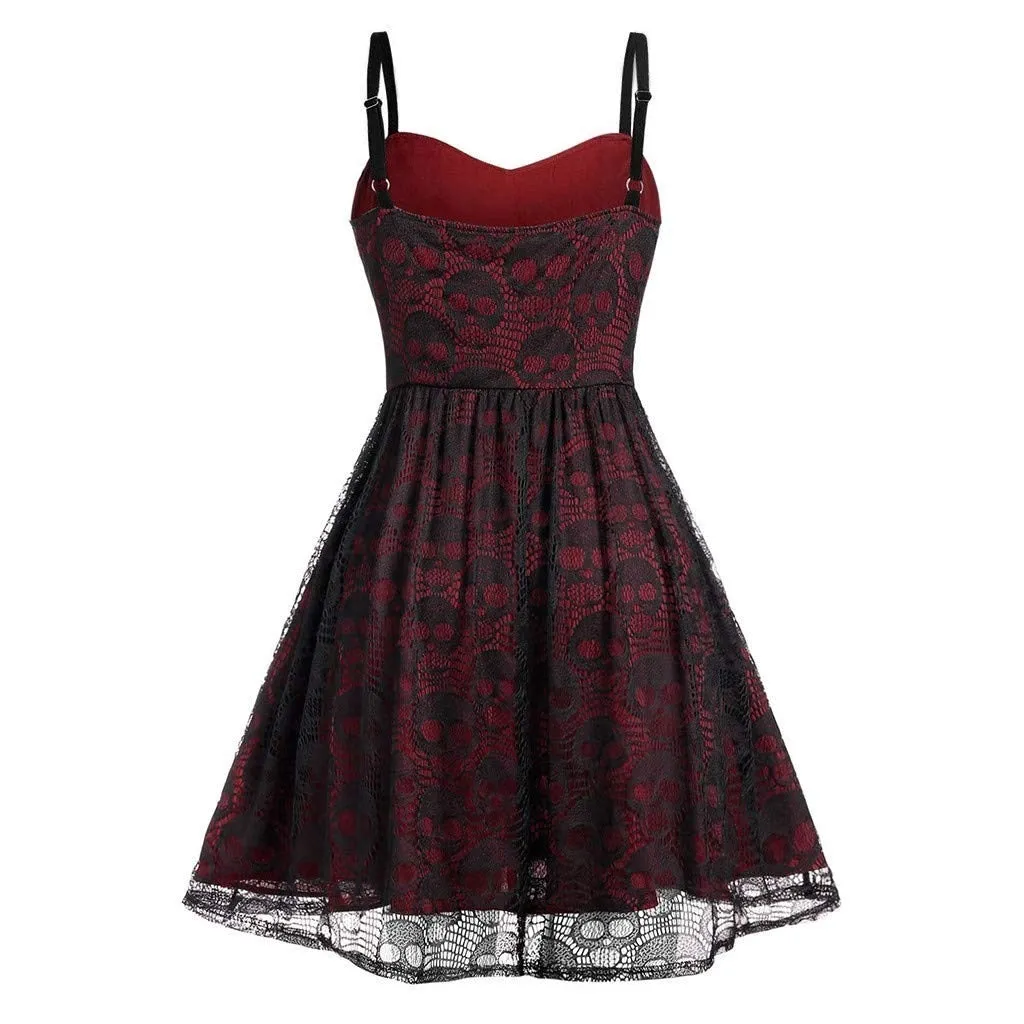 Funki Buys | Dresses | Women's Gothic Skull Lace Mini Dress