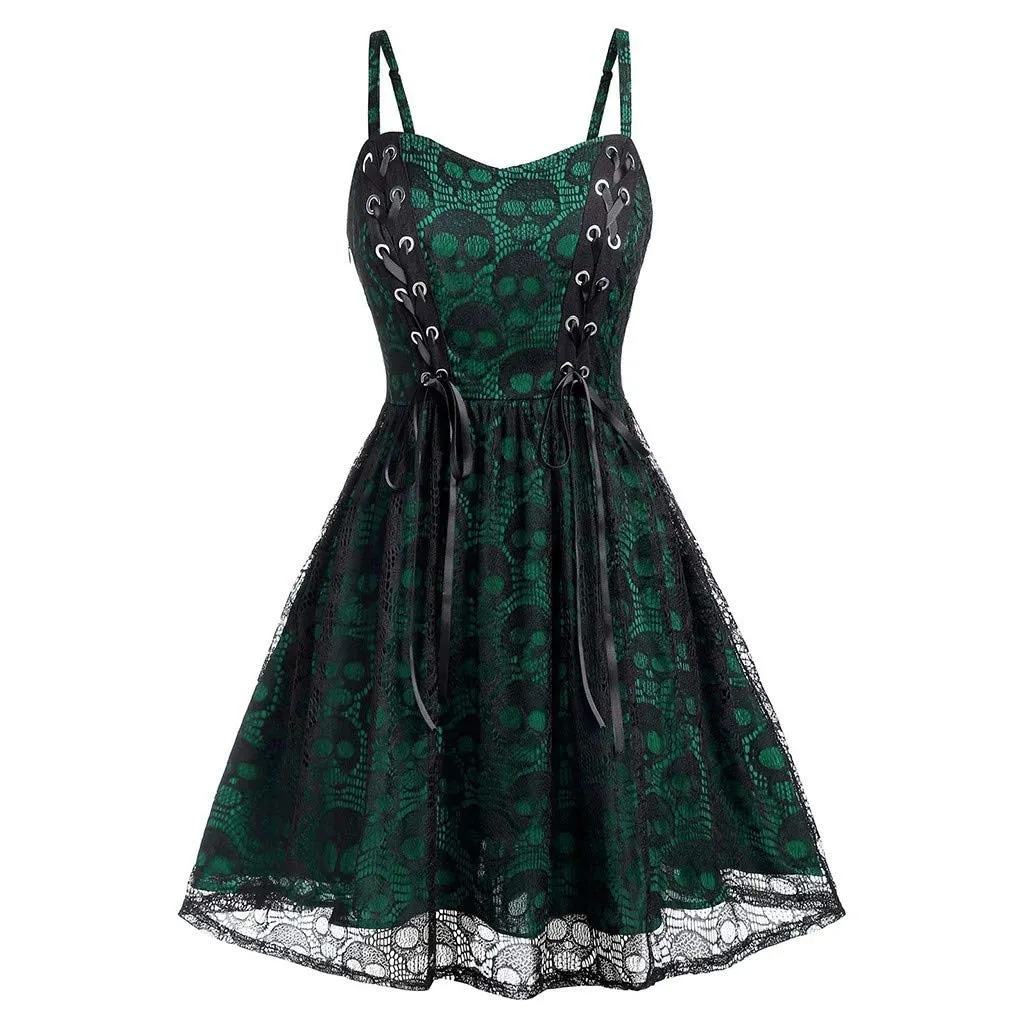 Funki Buys | Dresses | Women's Gothic Skull Lace Mini Dress