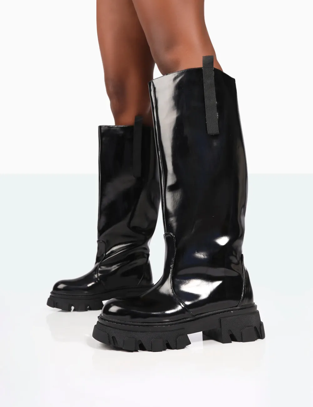 Genius Wide Fit Black Box Patent Knee High Chunky Sole Boots