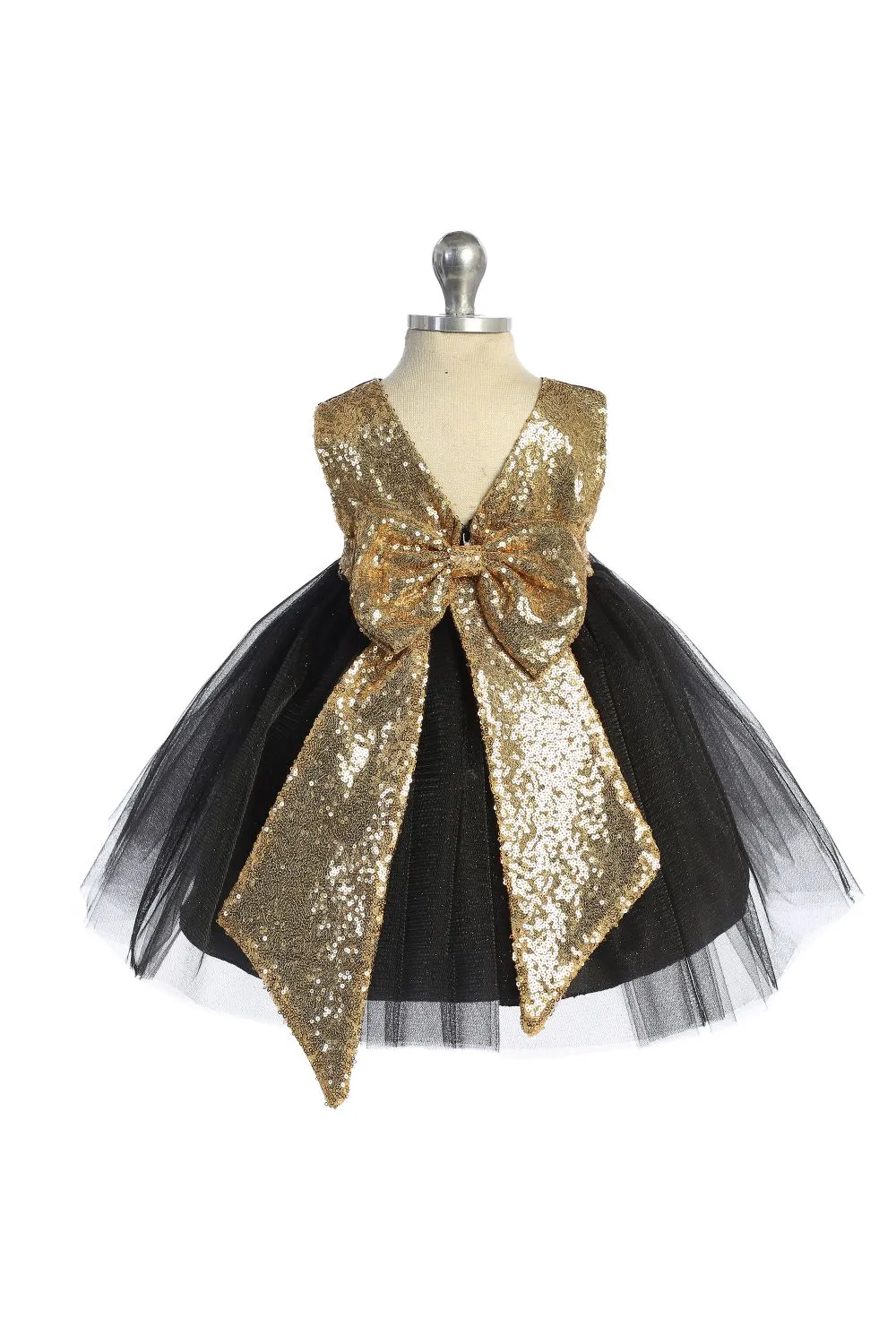 Gold Sequins V Back & Bow Baby Dress