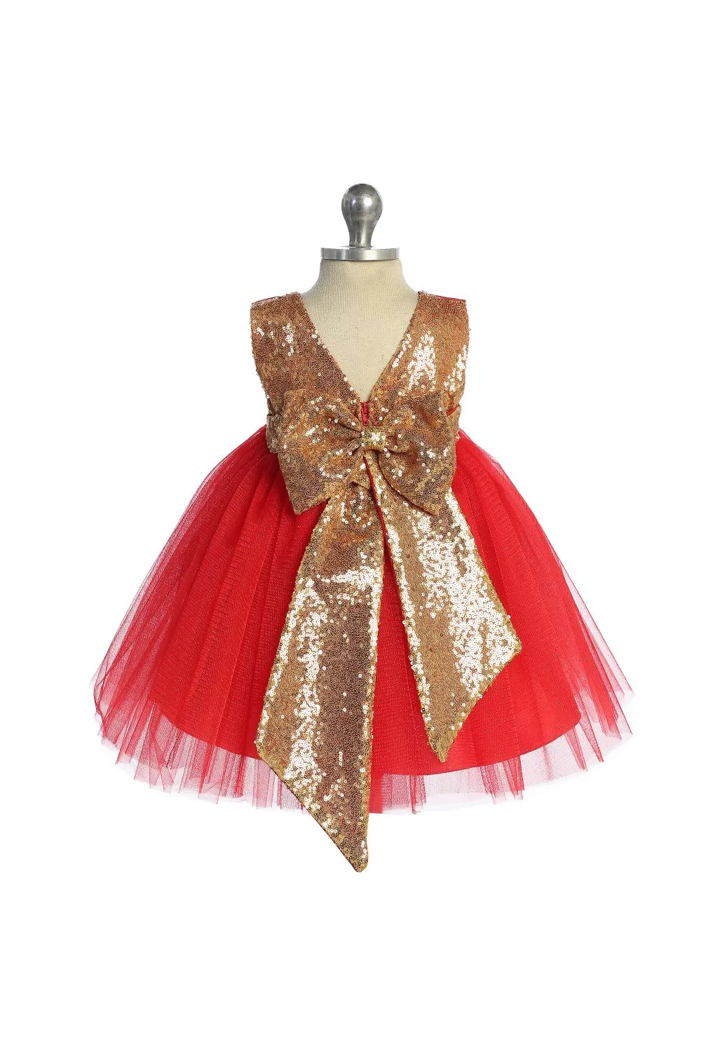 Gold Sequins V Back & Bow Baby Dress