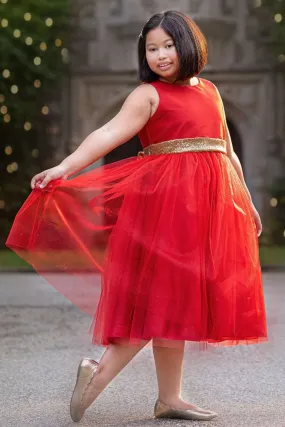 Gold Sequins V Back & Bow Plus Size Girls Dress