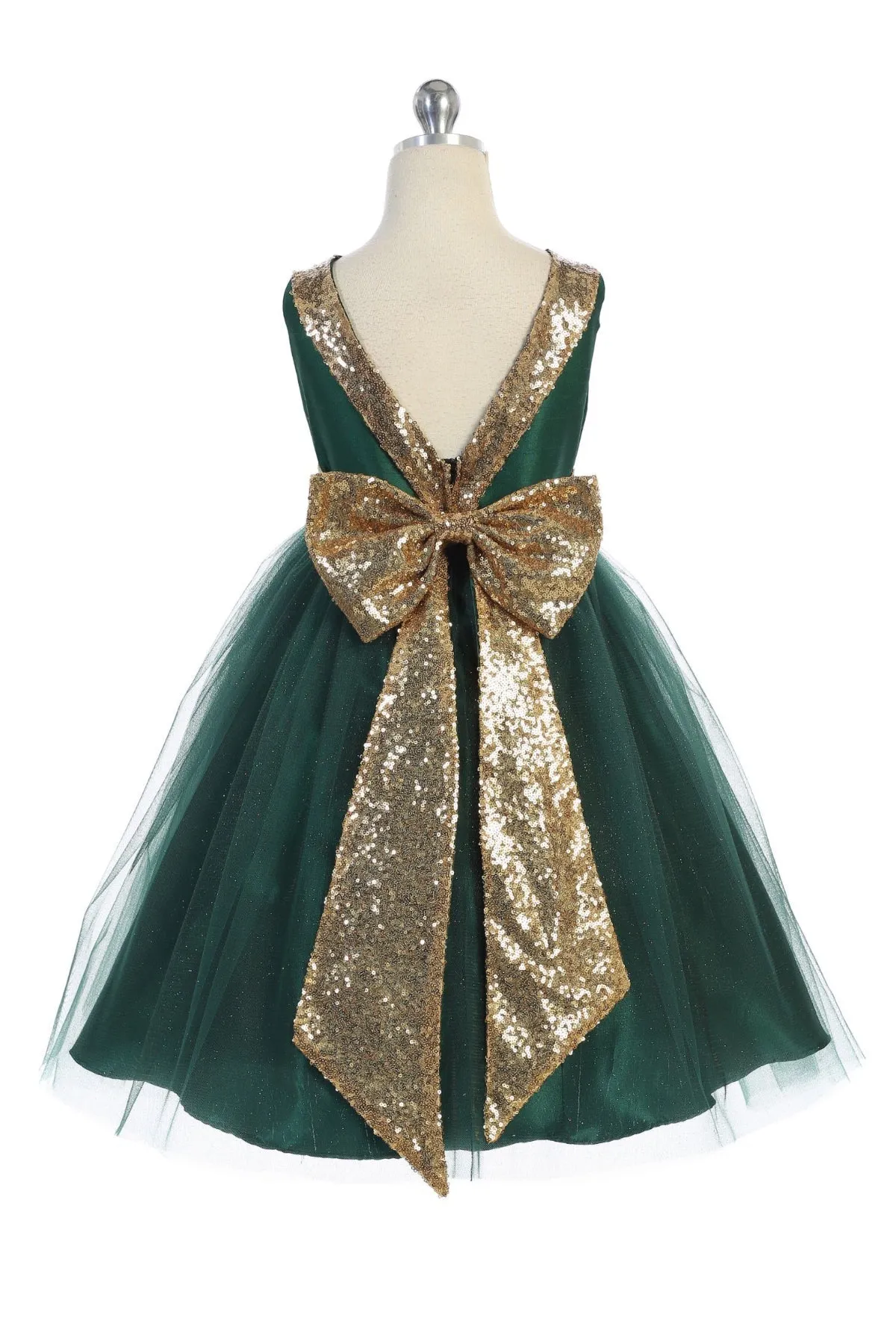 Gold Sequins V Back & Bow Plus Size Girls Dress