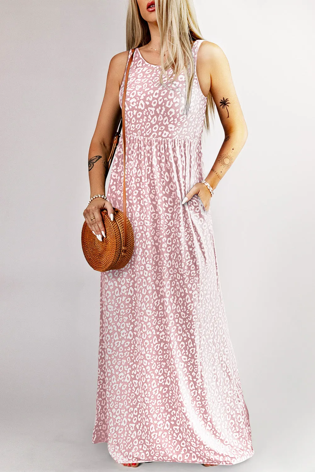 Gray Leopard Print Pocketed Sleeveless Maxi Dress