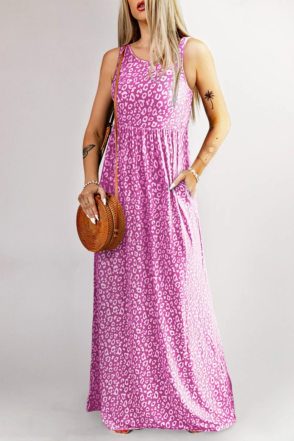 Gray Leopard Print Pocketed Sleeveless Maxi Dress