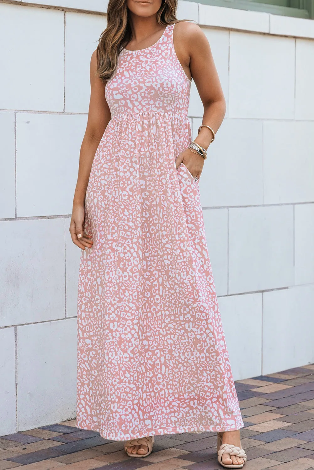 Gray Leopard Print Pocketed Sleeveless Maxi Dress