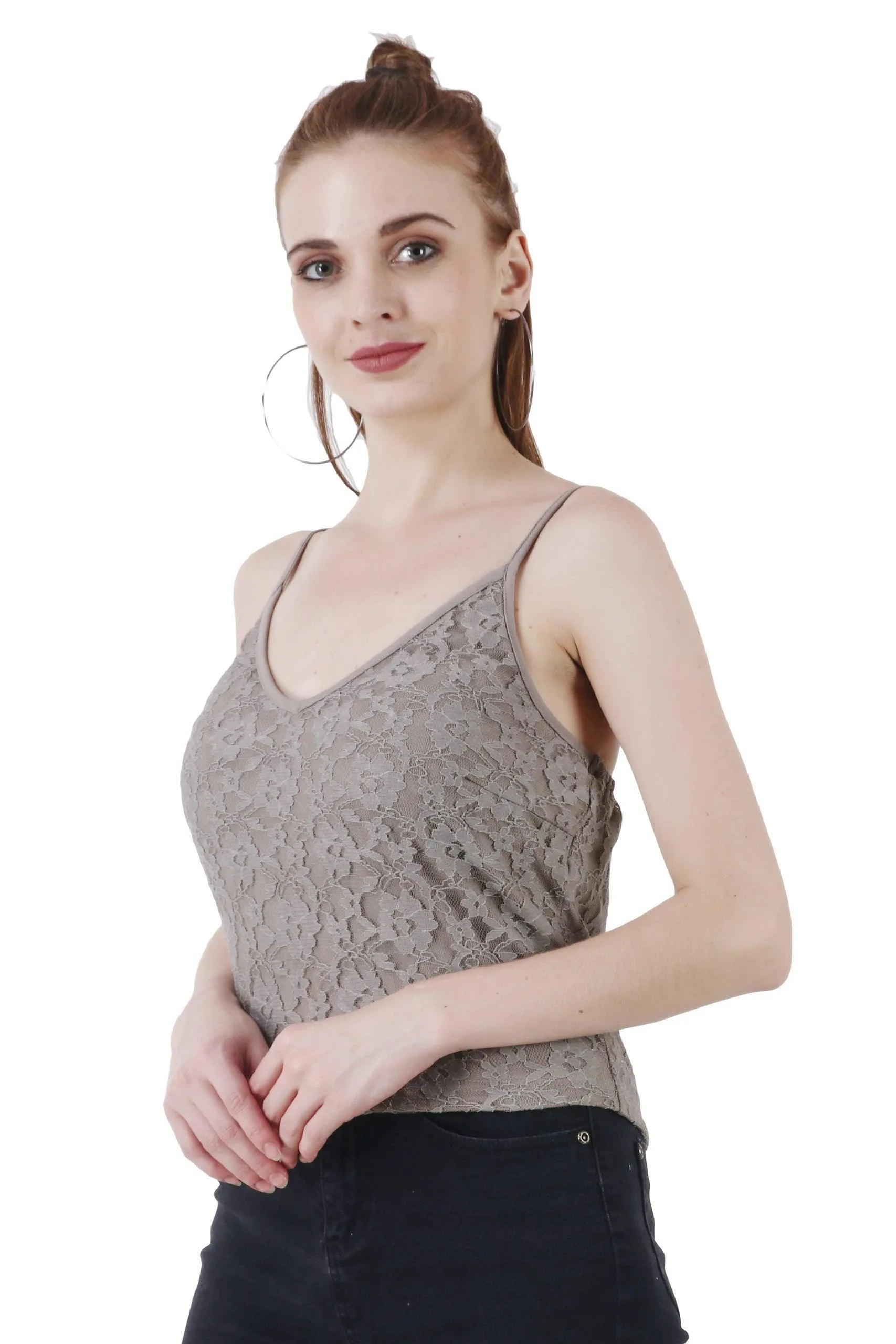 Grey Solid Laced Spaghetti Top