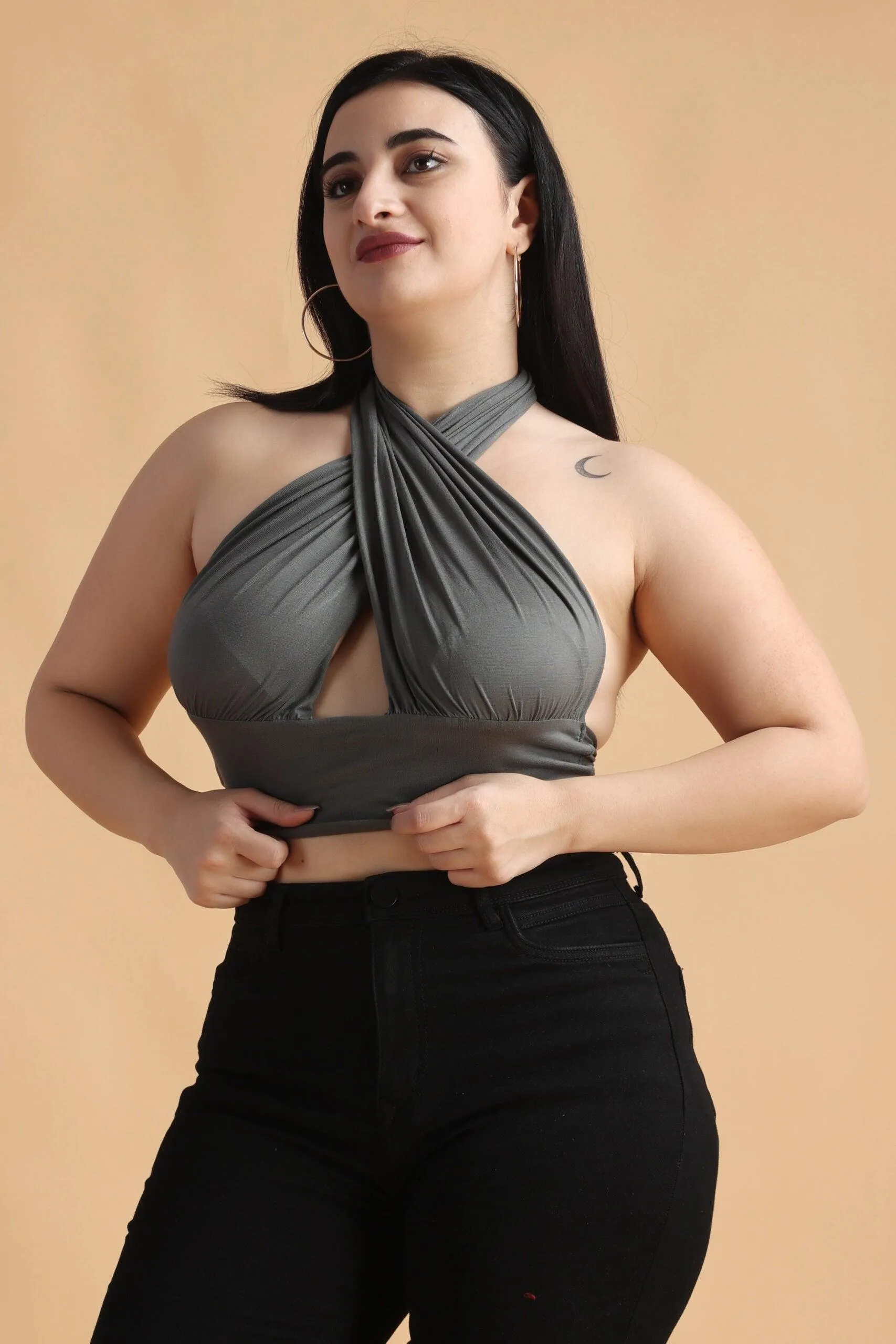 Grey Solid Multiway Crop Top