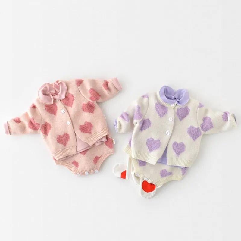 Heart Patterned Knit Cardigan and Romper Set for Girls in Pink and Purple