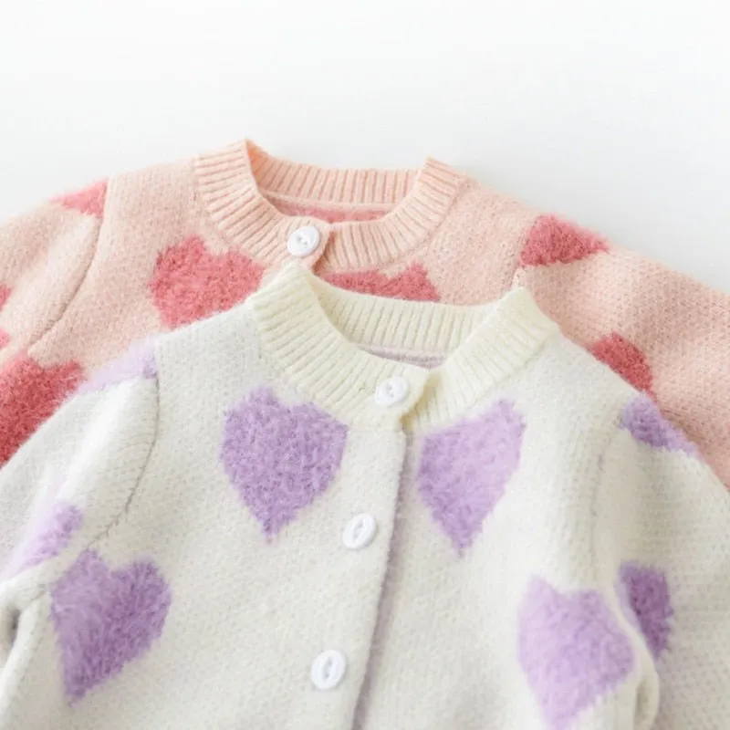 Heart Patterned Knit Cardigan and Romper Set for Girls in Pink and Purple