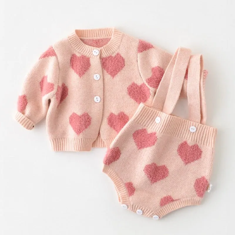 Heart Patterned Knit Cardigan and Romper Set for Girls in Pink and Purple