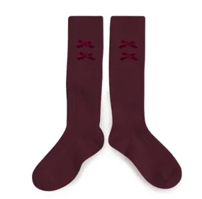 Hortense -  Ribbed Knee-high Socks with Velvet Bows - Bordeaux Grand Cru