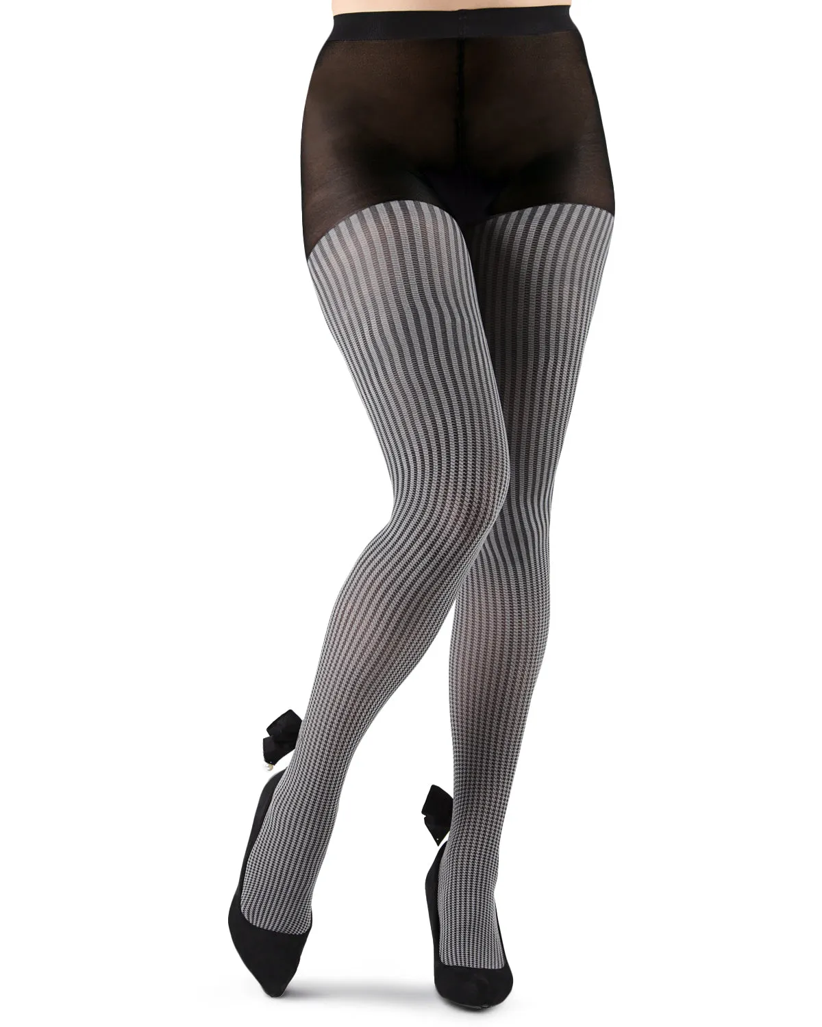 Houndstooth Pearl Bow Opaque Tights