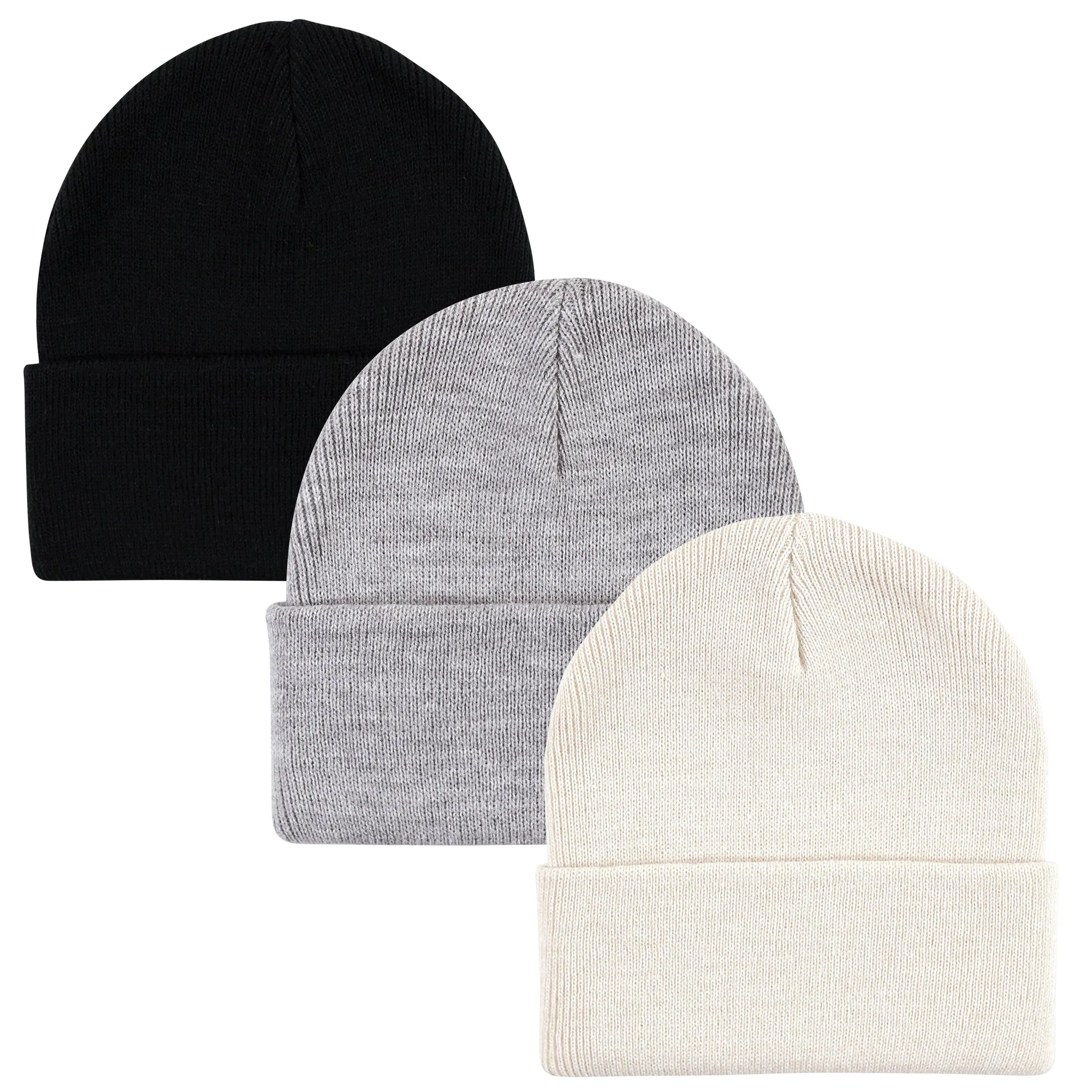 Hudson Baby Knit Cuffed Beanie 3pk, Cream Black