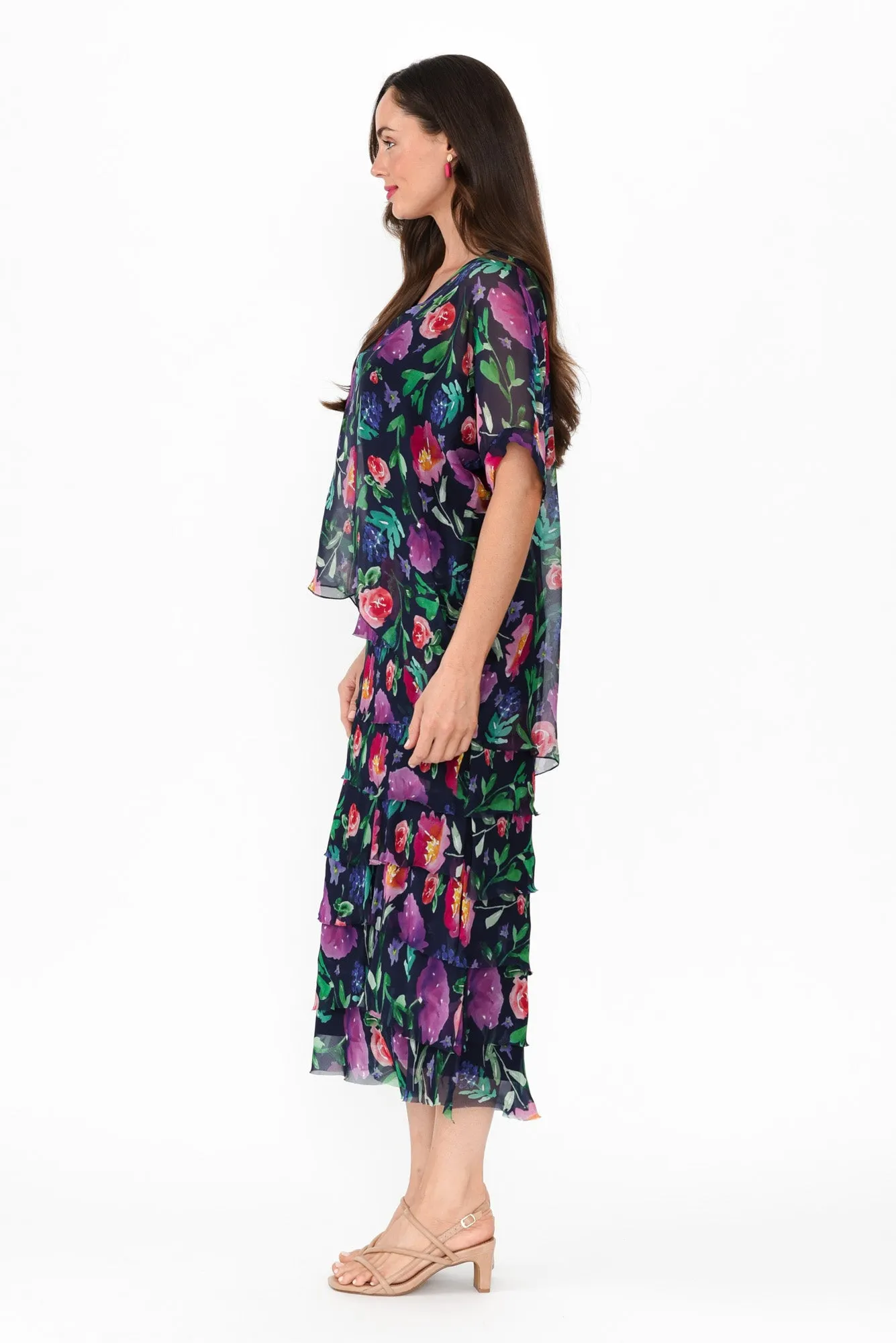 Katerina Navy Botanical Silk Overlay Maxi Dress