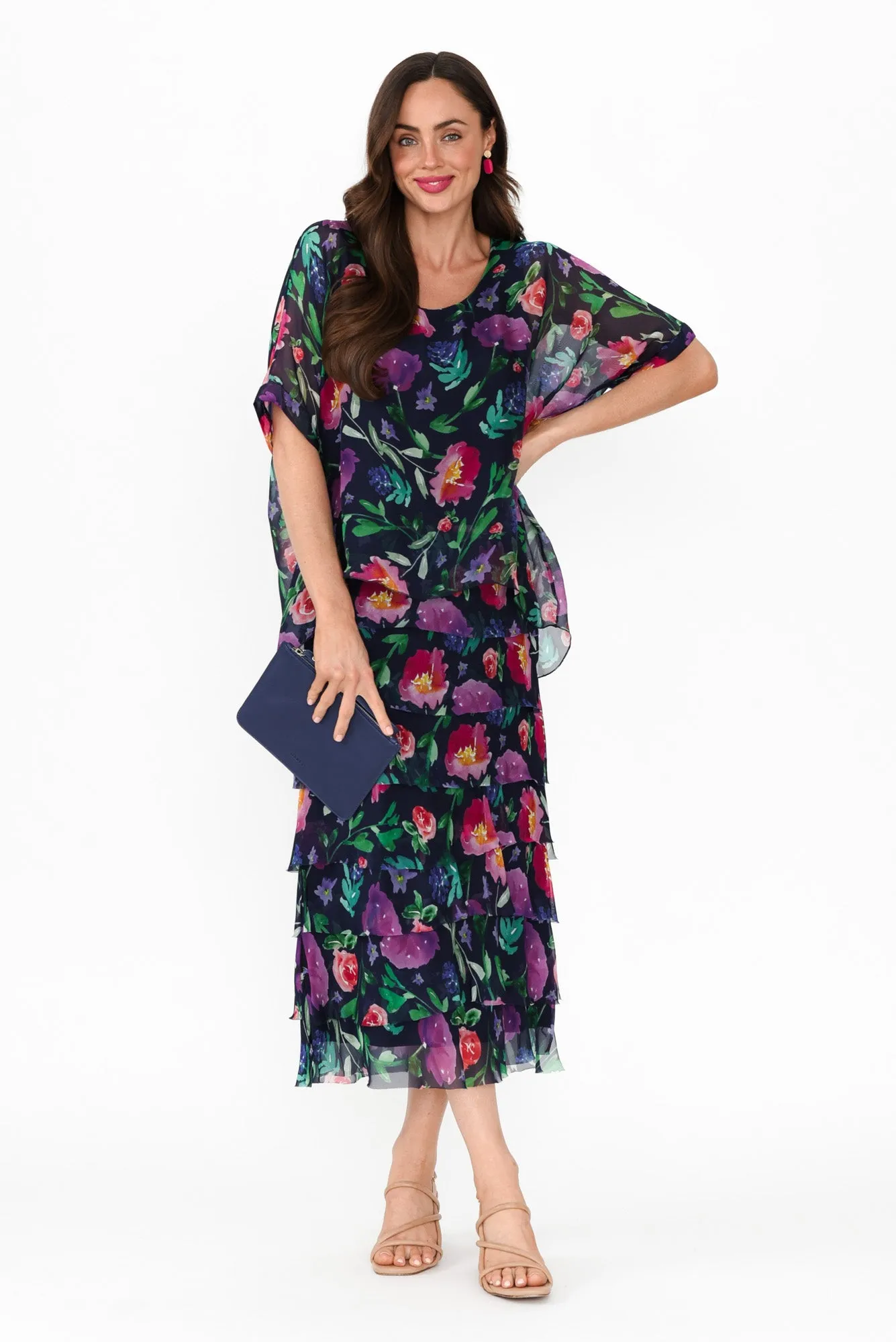 Katerina Navy Botanical Silk Overlay Maxi Dress