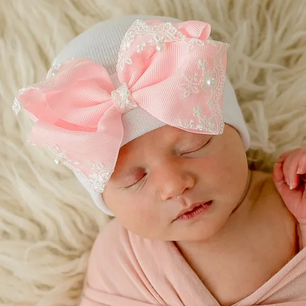 Lace and Pearl Trimmed Pink Bow with White Newborn Girl Hat - Hospital Hat for Girls